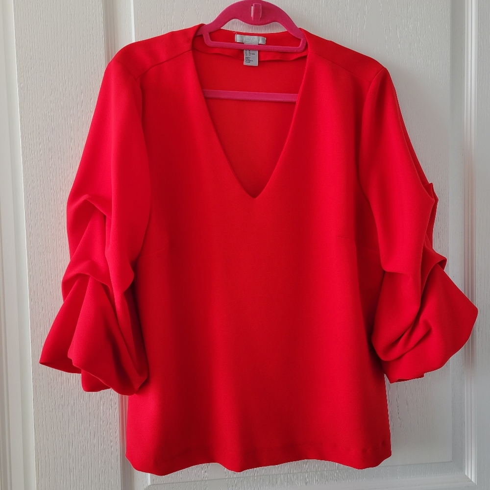 V-Neck Red Women's Blouse with Ruffled Sleeves